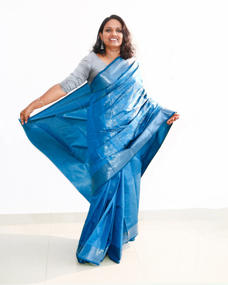Semi Weaving Saree Silver Blue, Women Fashion