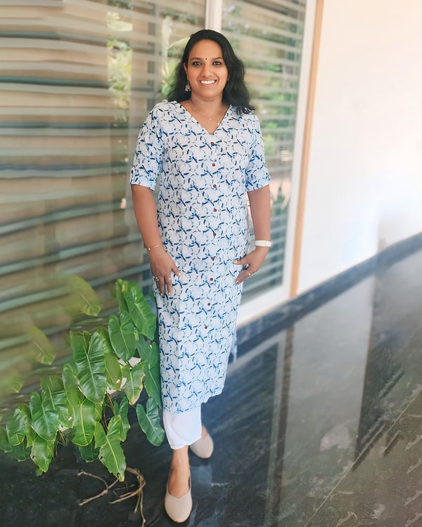 Daily Wear Kurthi - V Neck With Lining - Knee Length Sleeve - Central Portion Show button - Cotton - Side Slitted, Women Fashions