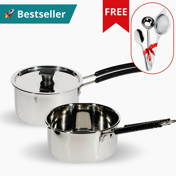 Saucepan and Milk Pan Combo Set + Free Tea Strainer, Deep Ladle, Tea Spoon | Heat Proof Handle (Induction Base)