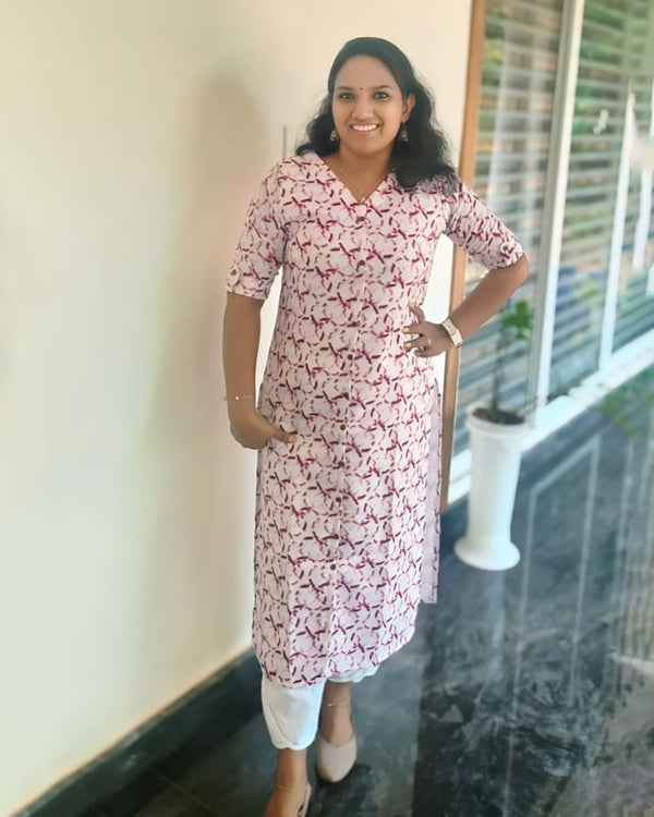 Daily Wear Kurthi - V Neck With Lining - Knee Length Sleeve - Central Portion Button Attached - Cotton - Side Slitted