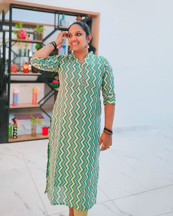 Budget Friendly Kurthi - Collar Neck with V Pattern - Three Forth Sleeve - ZigZag Pattern, Cotton - Side Slitted, Women Fashions