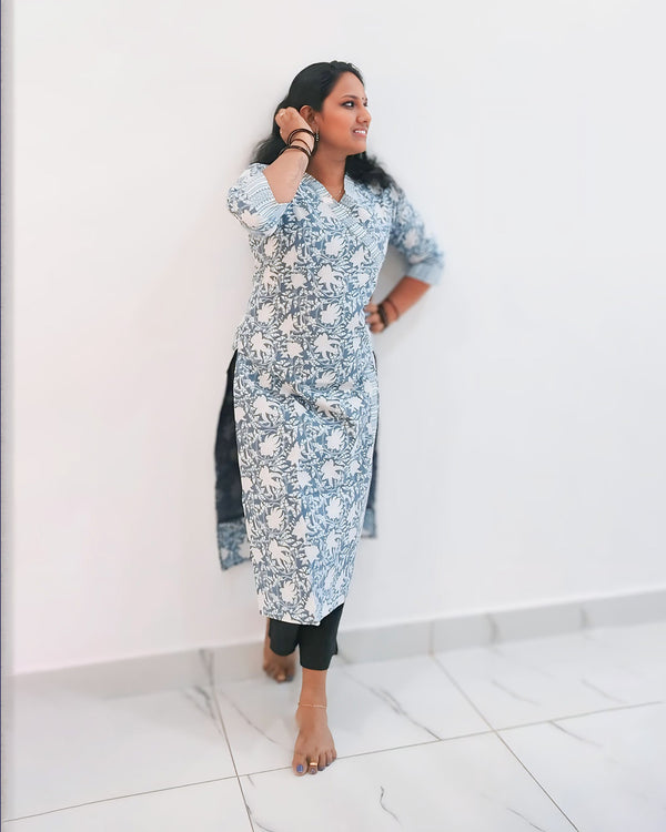 Daily Wear Kurthi - Half Collar with V Neck - Three Fourth Sleeve - Cotton - Side Slitted, Women Fashions