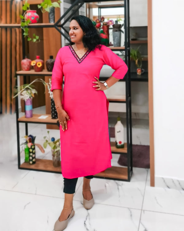 Slub Silk Kurthi - V Neck With Mirror Work - 3/4th Sleeve - Side Slitted With Lining