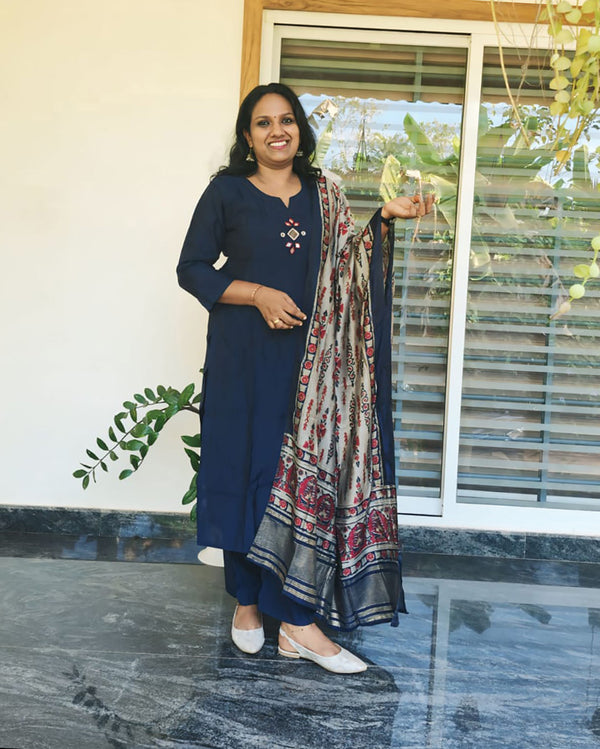 3 Piece Suite Set - Silver Shawl Dark Blue With Mirror Work Kurti, Women Fashions