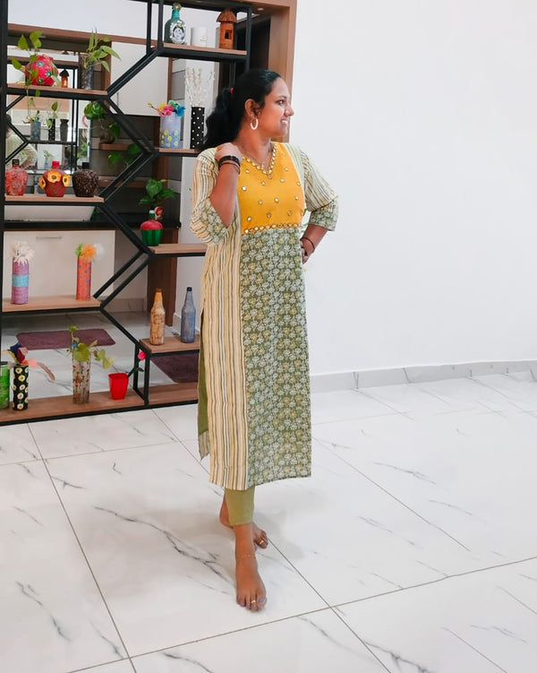 Pure Cotton Kurthi - V Neck With Mirror Work - 3/4 th Sleeve - Side Slitted