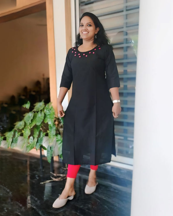 Semi Party Wear Kurthi - Slub Silk - 3/4th Sleeve -  Round Neck With Beautiful Mirror Work - Side Slitted