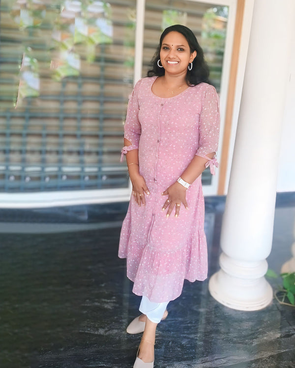 Georgette Frock Kurthi - Floral Print -Central Portion Button Attached - 3/4th Sleeve, Women Fashions