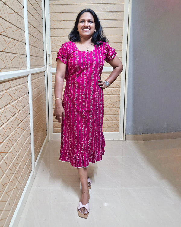 Cotton Chungudi Nighty Magenta and White, Women Night Dress Maxi Nighty