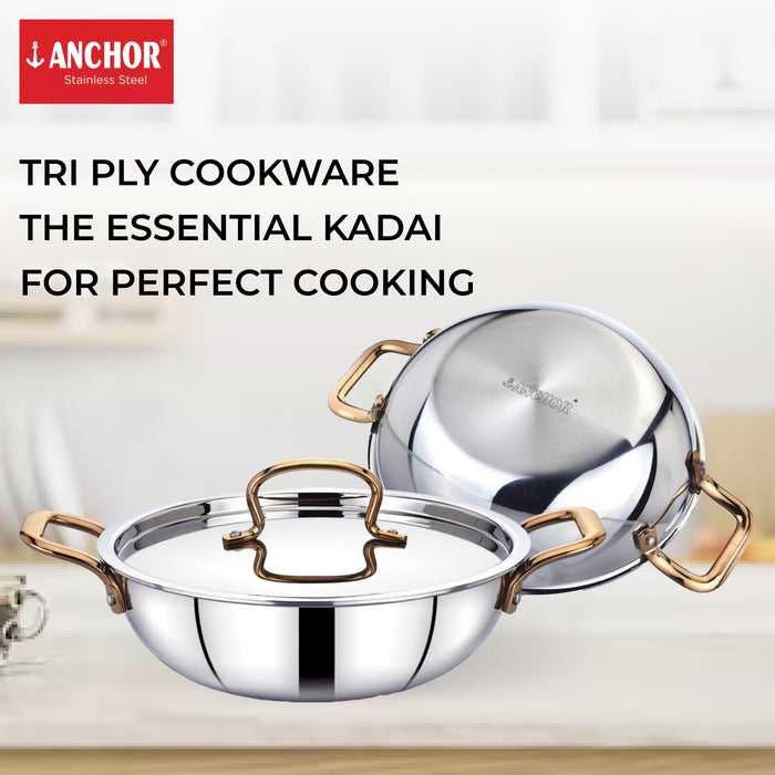 Triply Stainless Steel Kadai | Nonstick Kadai with Lid | Induction Kadai + FREE salt and pepper container & 2 napkins