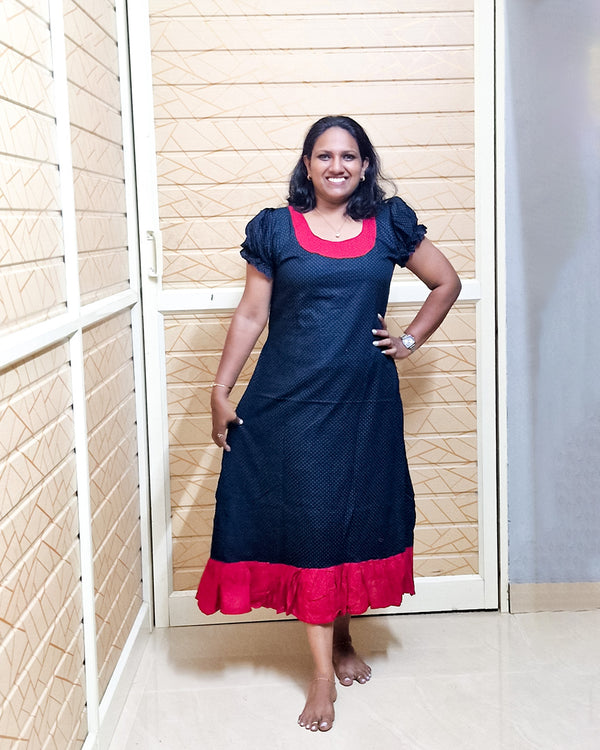 Cotton Polka Dots Calf Length Nighty Black and Red, Women Night Dress Maxi Nighty