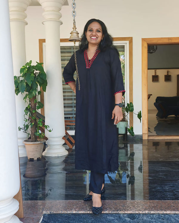 Khadi Silk With Mirror Work Black in Red Kurti, Women Fashions
