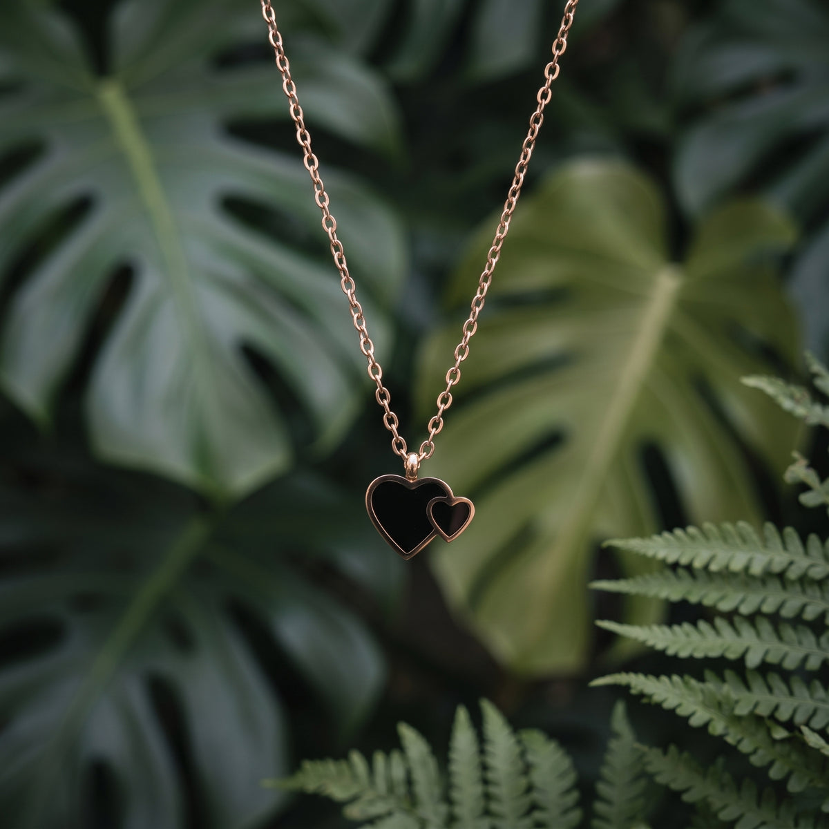 Minimalist Double Heart Black Enamel Pendant Necklace