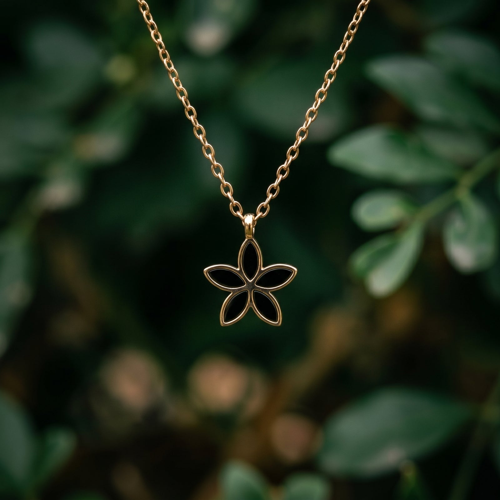 Elegant Black Enamel Star-Flower Pendant Necklace