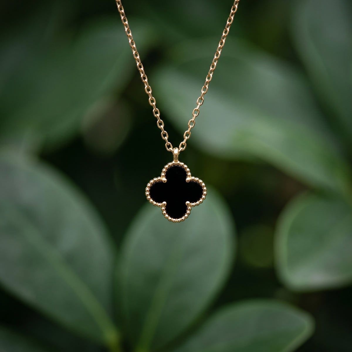 Vintage-Inspired Black Clover Pendant Necklace
