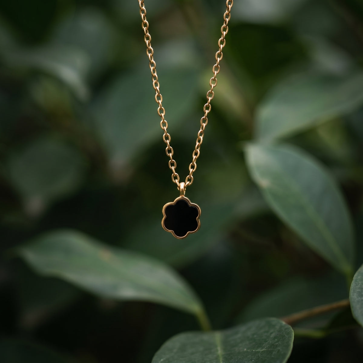 Scalloped Black Enamel Blossom Pendant Necklace