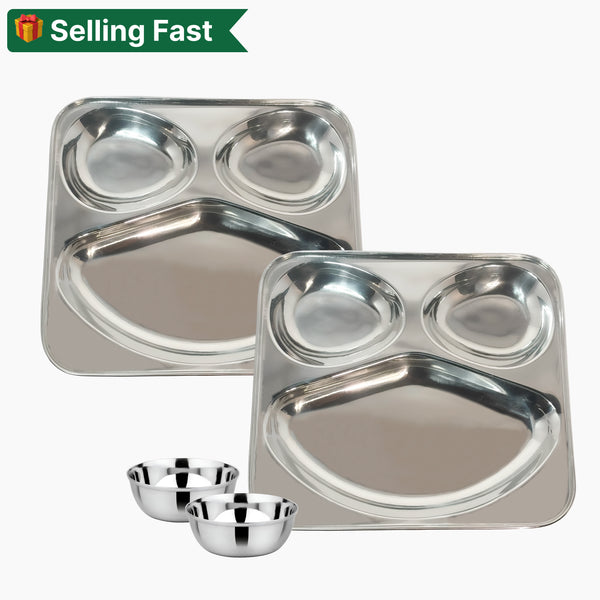 Stainless Steel Smiley Shape Snack Plate 3 Compartment and Mukta Vati (Set of 2) for Home/Restaurant