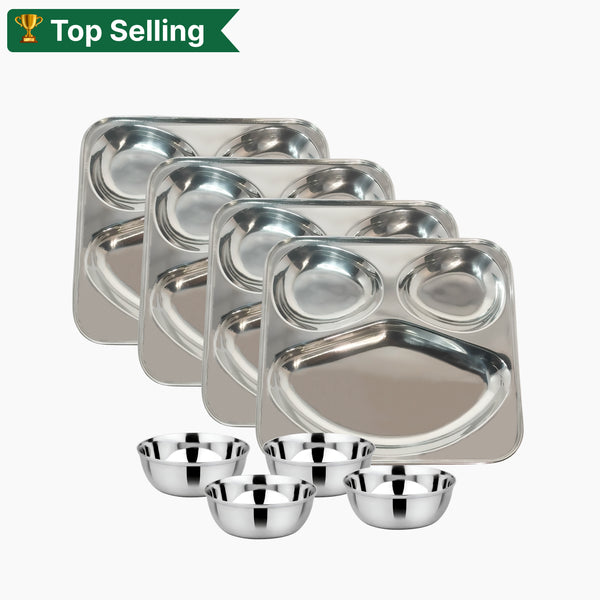 Stainless Steel Smiley Shape Snack Plate 3 Compartment and Mukta Vati (Set of 4) for Home/Restaurant