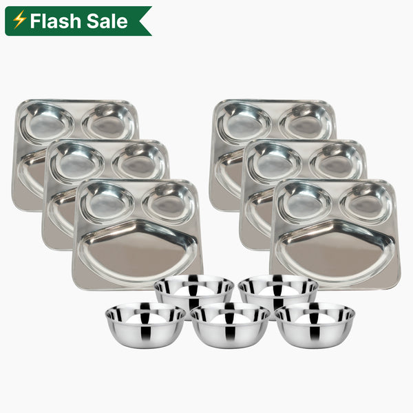Stainless Steel Smiley Shape Snack Plate 3 Compartment and Mukta Vati (Set of 6) for Home/Restaurant