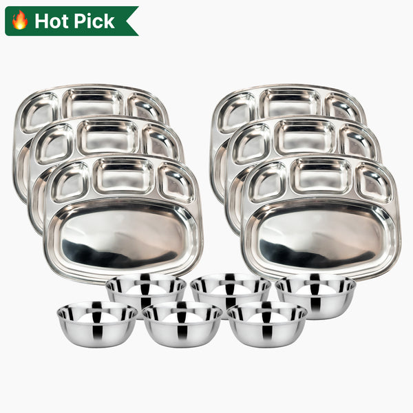 Stainless Steel TV 4 Compartment Plate and Mukta Vati (Set of 6) for Home/Restaurant