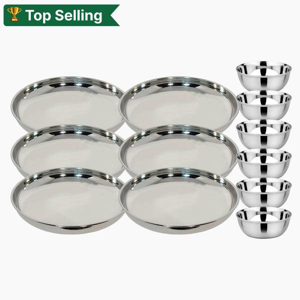 Stainless Steel Round Beading Thali / Plate (Big) and Mukta Vati (Set of 6) for Home/Restaurant