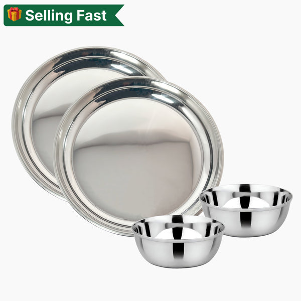 Stainless Steel Round Beading Thali / Plate (Small) and Mukta Vati (Set of 2) for Home/Restaurant