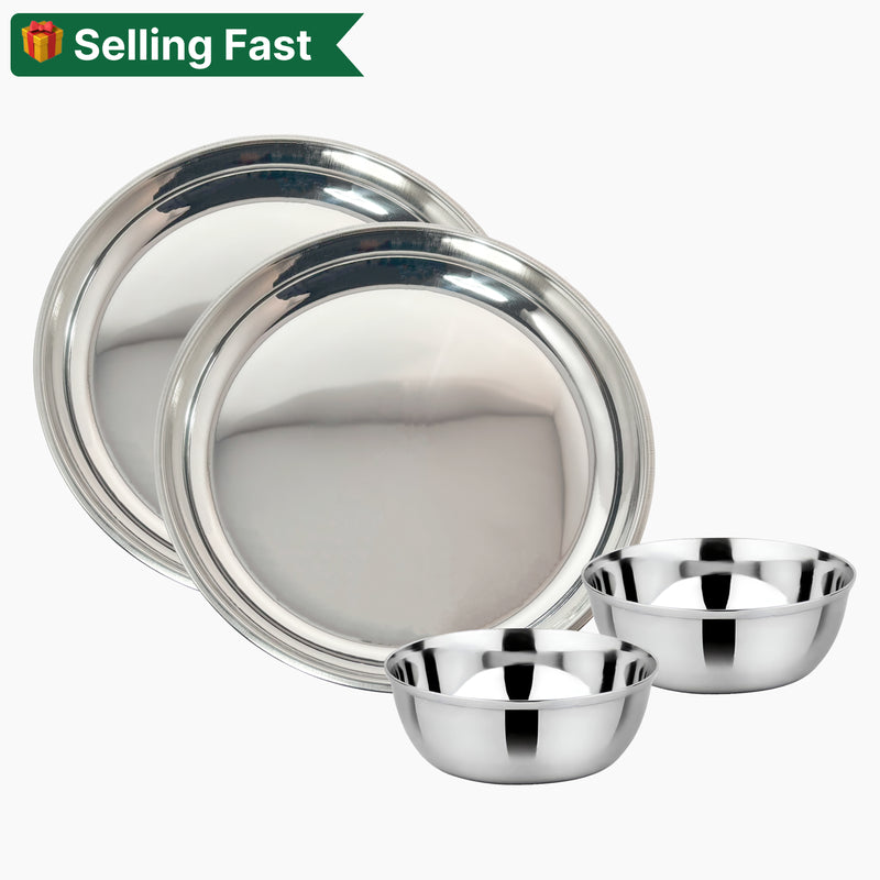 Stainless Steel Round Beading Thali / Plate (Small) and Mukta Vati (Set of 2) for Home/Restaurant