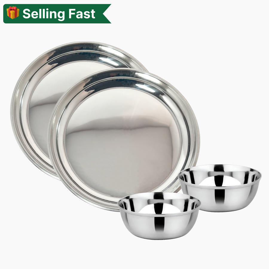 Stainless Steel Round Beading Thali / Plate (Small) and Mukta Vati (Set of 2) for Home/Restaurant