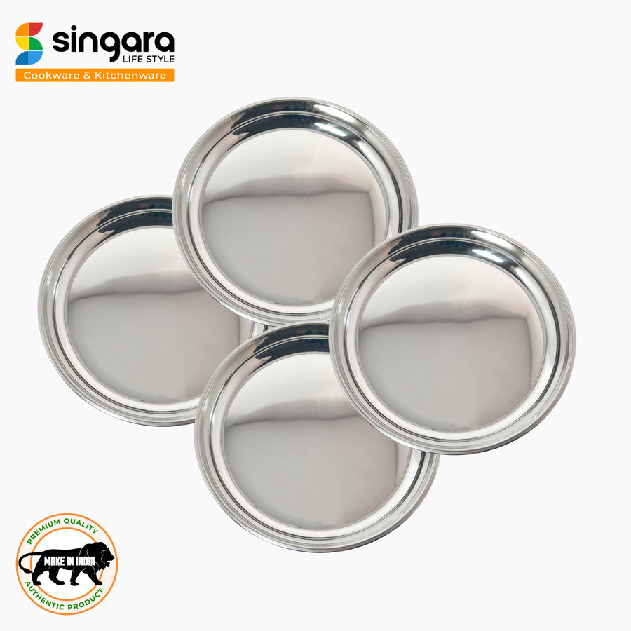 Stainless Steel Round Beading Thali / Plate (Small) and Mukta Vati (Set of 4) for Home/Restaurant