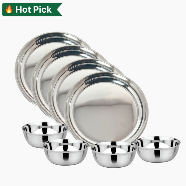 Stainless Steel Round Beading Thali / Plate (Small) and Mukta Vati (Set of 4) for Home/Restaurant
