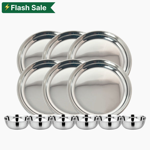 Stainless Steel Round Beading Thali / Plate (Small) and Mukta Vati (Set of 6) for Home/Restaurant