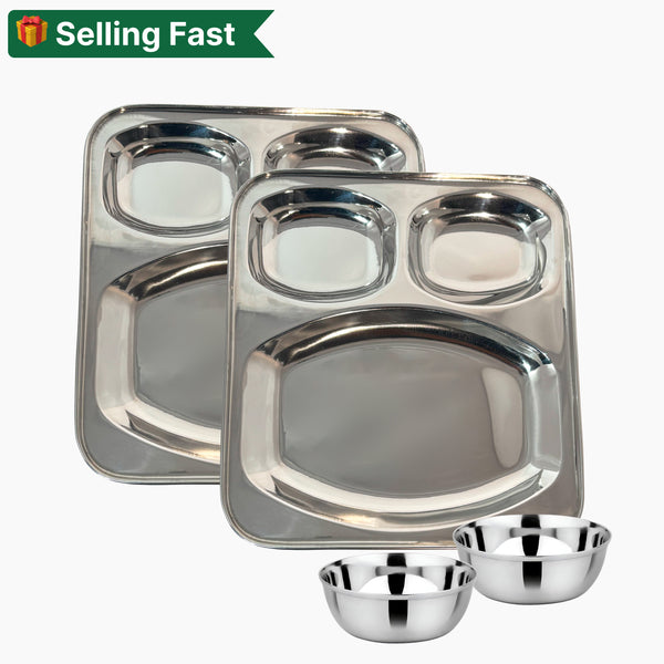 Stainless Steel 3 Compartment Plates and Mukta Vati (Set of 2) for Home/Restaurant