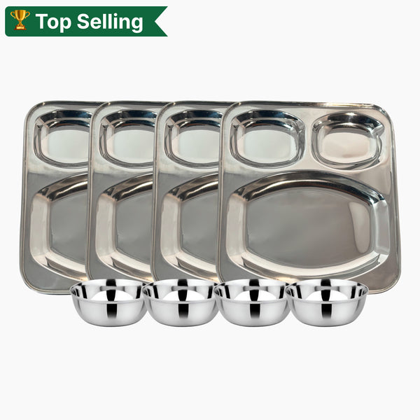 Stainless Steel 3 Compartment Plates and Mukta Vati (Set of 4) for Home/Restaurant
