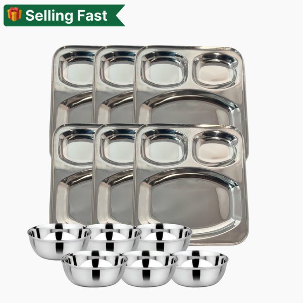 Stainless Steel 3 Compartment Plates and Mukta Vati (Set of 6) for Home/Restaurant