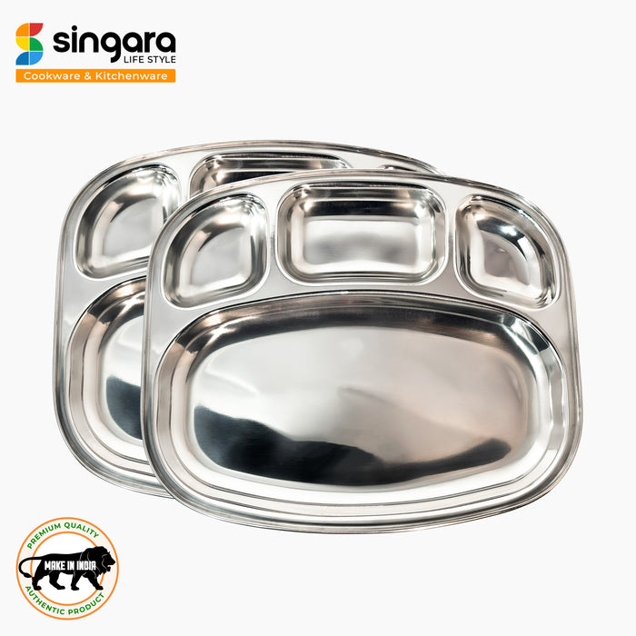 Stainless Steel Curved Shape Bowl Lunch/Dinner 4 Compartment Plate and Mukta Vati (Set of 2) for Home/Restaurant