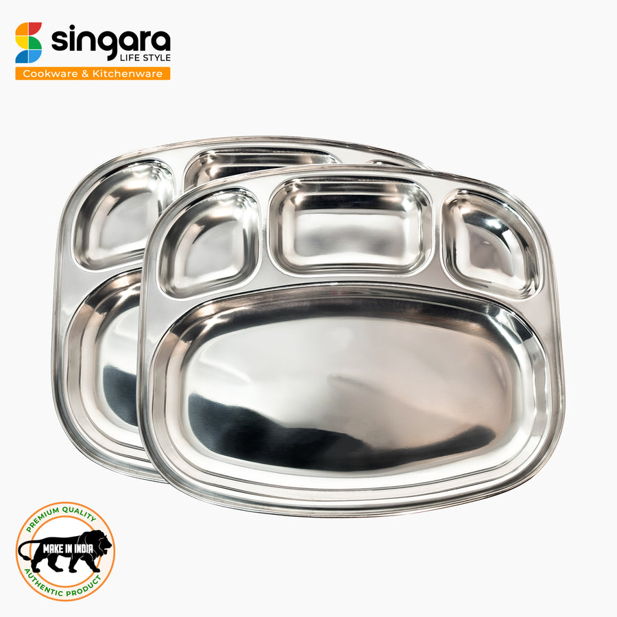 Stainless Steel Curved Shape Bowl Lunch/Dinner 4 Compartment Plate and Mukta Vati (Set of 2) for Home/Restaurant