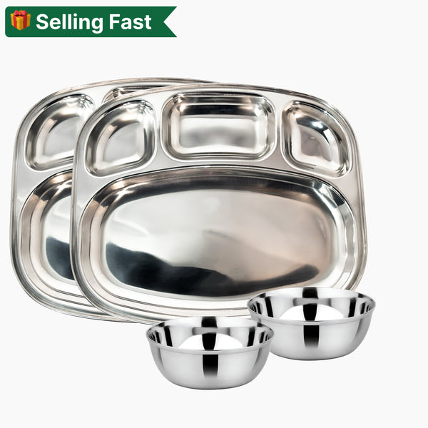 Stainless Steel Curved Shape Bowl Lunch/Dinner 4 Compartment Plate and Mukta Vati (Set of 2) for Home/Restaurant
