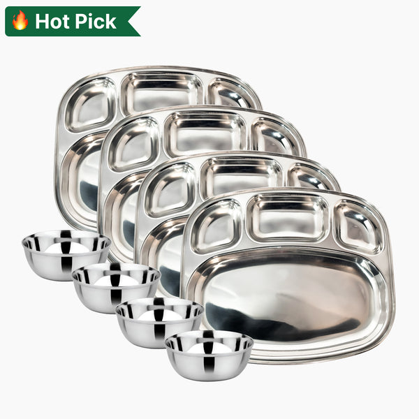 Stainless Steel Curved Shape Bowl Lunch/Dinner 4 Compartment Plate and Mukta Vati (Set of 4) for Home/Restaurant