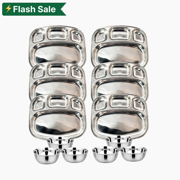 Stainless Steel Curved Shape Bowl Lunch/Dinner 4 Compartment Plate and Mukta Vati (Set of 6) for Home/Restaurant