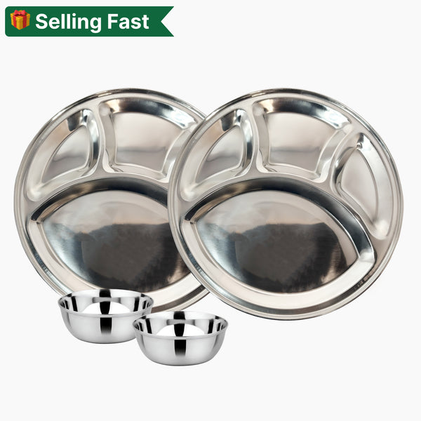 Stainless Steel Round Plate Dynasty 4 Compartment Plate and Mukta Vati for (Set of 2) Home/Restaurant