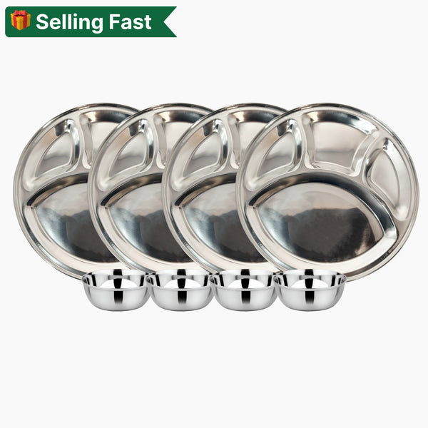 Stainless Steel Round Plate Dynasty 4 Compartment Plate and Mukta Vati for (Set of 4) Home/Restaurant