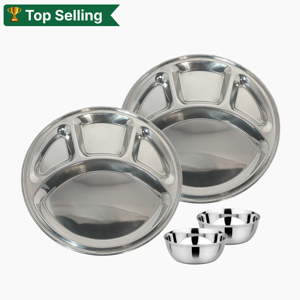 Stainless Steel Round Plate 4 Compartment Plate (Small) and Mukta Vati (Set of 2) for Home/Restaurant