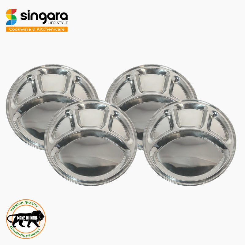 Stainless Steel Round Plate 4 Compartment Plate (Small) and Mukta Vati (Set of 6) for Home/Restaurant