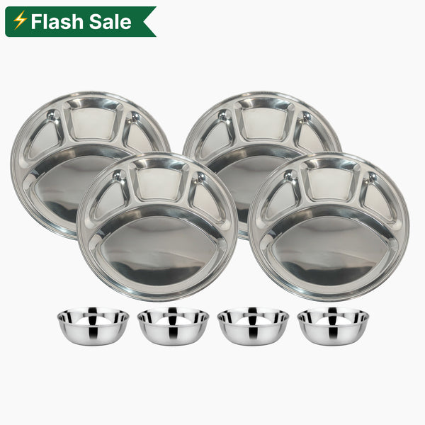 Stainless Steel Round Plate 4 Compartment Plate (Small) and Mukta Vati (Set of 6) for Home/Restaurant