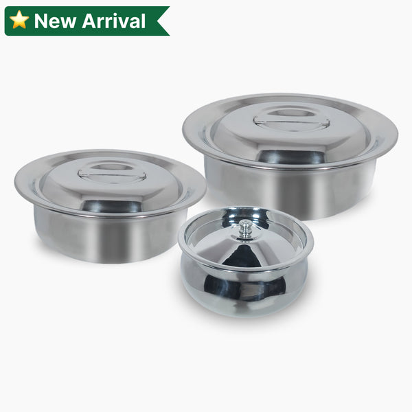 Stainless Steel Arabian Chatty – 1 L & 3 L (Free) with Plain & Building Pot Serving Dishes – 1.3 L