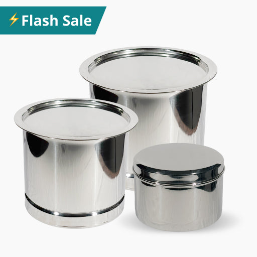 Pawali (Lid) + Dabba Airtight Steel Containers Set of 3 (2.6/4.4 L/6.8 L) | Stainless Steel - Container for Storage