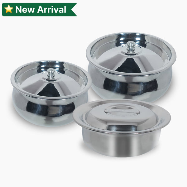 Stainless Steel Arabian Chatty – 1.5 L (Free) with Plain & Building Pot Serving Dishes – 500 ml & 2 L