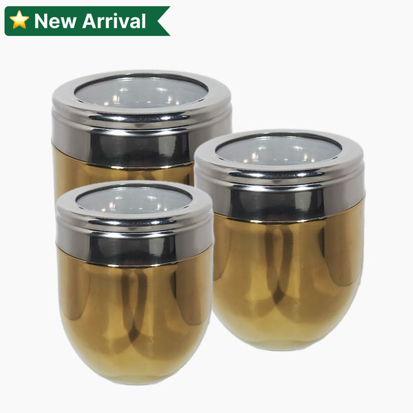 Tea Coffee Sugar Gold Dabba With Glass Lid Set of 3
