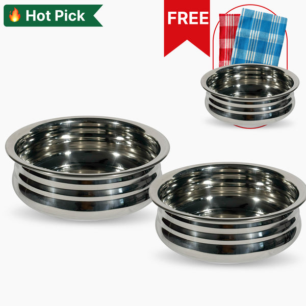 Stainless Steel Uruli 1.5 L, 3 L Uruli Set + FREE Uruli 900 ml & 2 Kitchen towels