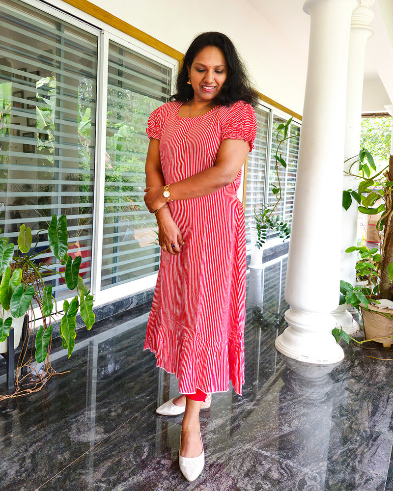 Cotton Stripes Nighty Red and White, Women Night Dress Maxi Nighty