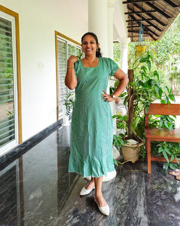 Cotton Stripes Nighty Green and White, Women Night Dress Maxi Nighty